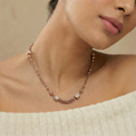 Rose gold beaded chain necklace with polished spherical accents and textured chain design
