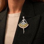 Crystal ballerina brooch pin with yellow and champagne stones elegant dress design