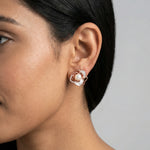 Rose gold floral pearl stud earrings with crystal accents and white enamel petals for women