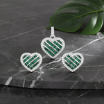 Emerald heart halo jewellery set with green baguette stones and crystal border pendant with matching stud earrings