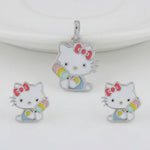 Cute kitty enamel jewellery set with colourful bow pendant and matching stud earrings on white background