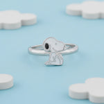 Cute Snoopy cartoon adjustable ring with polished silver finish and minimalist character design for women and girls.