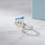 Cute Donald Duck cartoon adjustable ring with blue enamel detailing and polished silver finish for women and girls.