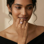 Elegant pink stone statement ring with crystal accents and rose gold tone design for women