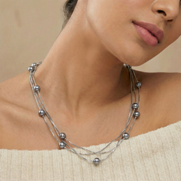 Multi Layer Black Pearl Station Necklace - Sterling Silver