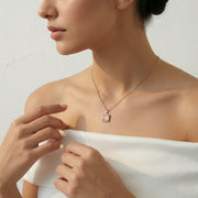Rose gold square pendant necklace with crystal border and matching stud earrings set
