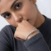 Dual tone mesh bracelet with rose gold crystal charms and adjustable clasp, elegant minimal jewelry for women
