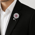 Crystal floral brooch pin with pink centre stone and pearl accent in silver tone design