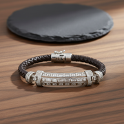 Black Leather & Diamond-Cut Sterling Silver Barrel Bracelet
