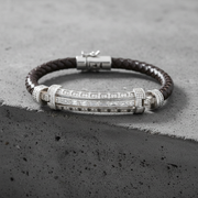 Black Leather & Diamond-Cut Sterling Silver Barrel Bracelet