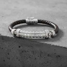 Black Leather & Diamond-Cut Sterling Silver Barrel Bracelet