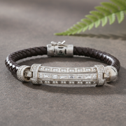 Black Leather & Diamond-Cut Sterling Silver Barrel Bracelet