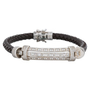 Black Leather & Diamond-Cut Sterling Silver Barrel Bracelet