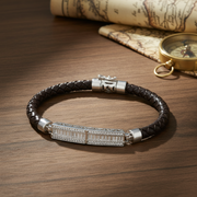 Sterling Silver Braided Leather & Baguette Diamond ID Bracelet