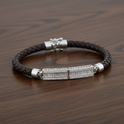 Sterling Silver Braided Leather & Baguette Diamond ID Bracelet