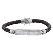 Sterling Silver Braided Leather & Baguette Diamond ID Bracelet