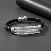 Luxe Pave Diamond Silver & Leather Men's ID Bracelet
