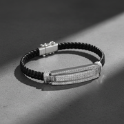 Luxe Pave Diamond Silver & Leather Men's ID Bracelet