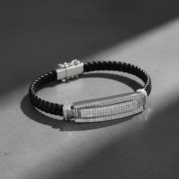 Luxe Pave Diamond Silver & Leather Men's ID Bracelet