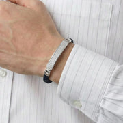 Blue braided leather bracelet with silver crystal bar centrepiece for men