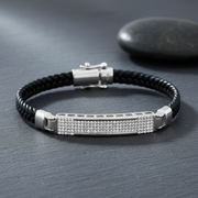 Black Braided Leather & Pave Diamond Sterling Silver Bracelet