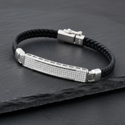 Black Braided Leather & Pave Diamond Sterling Silver Bracelet