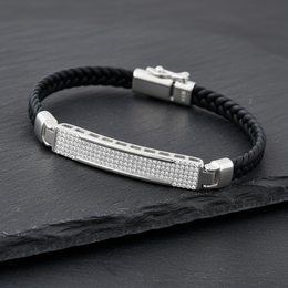Black Braided Leather & Pave Diamond Sterling Silver Bracelet
