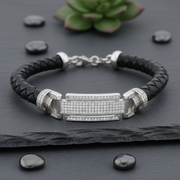 Braided Leather & Diamond Bar Sterling Silver Bracelet