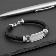 Braided Leather & Diamond Bar Sterling Silver Bracelet