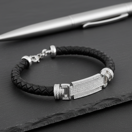 Braided Leather & Diamond Bar Sterling Silver Bracelet