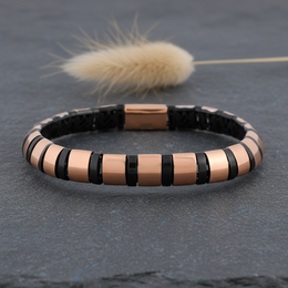 Rose Gold & Black Enamel Rhythm Link Bangle - 925 Silver