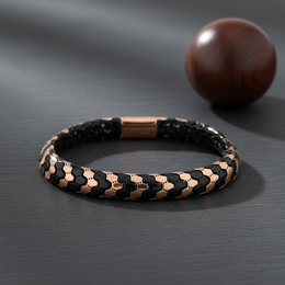 Chevron Rose Gold & Black Enamel Bangle - 925 Silver