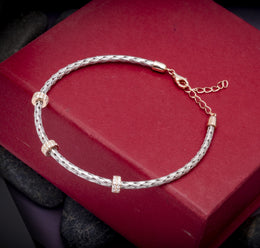 Silver Woven Mesh Bracelet with Rose Gold Cube & Pave Accents