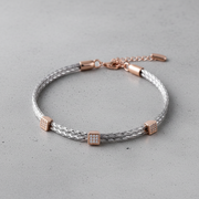 Duo Braided Bracelet - Rose Gold Cube Charm - 925 Silver