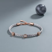 Duo Braided Bracelet - Rose Gold Cube Charm - 925 Silver