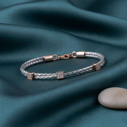 Duo Braided Bracelet - Rose Gold Cube Charm - 925 Silver
