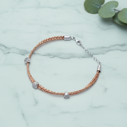 Braided Rose Gold Bracelet - CZ Pave Conical Charm - Silver