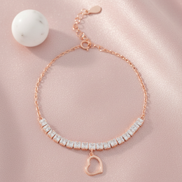 Rose Gold Pave Heart Dangle 925 Silver Bracelet