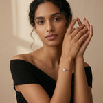 Elegant rose gold bracelet featuring a crystal heart charm, sparkling round stones, and black bead chain accents
