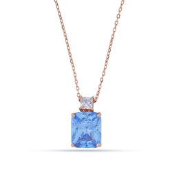Rose Gold Tone Necklace with Square Cut Blue Gemstone Pendant