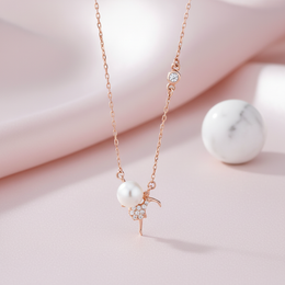 The Dancing Girl Pendant with CZ & Pearl Necklace - Rose Gold
