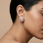Rose gold heart cluster stud earrings with crystal accents and glossy white heart details
