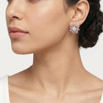 Rose gold crystal burst stud earrings with radiant baguette stones and round centre crystal
