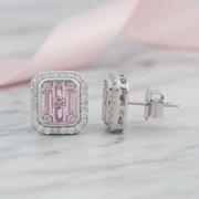 925 Silver Pink Baguette & Halo CZ Stud Earrings