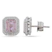 925 Silver Pink Baguette & Halo CZ Stud Earrings