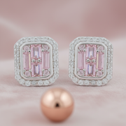 925 Silver Pink Baguette & Halo CZ Stud Earrings