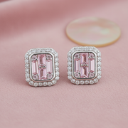 925 Silver Pink Baguette & Halo CZ Stud Earrings