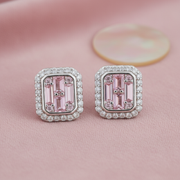 925 Silver Pink Baguette & Halo CZ Stud Earrings