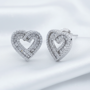 925 Silver Baguette CZ Pave Open Heart Stud Earrings