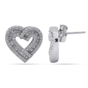 925 Silver Baguette CZ Pave Open Heart Stud Earrings